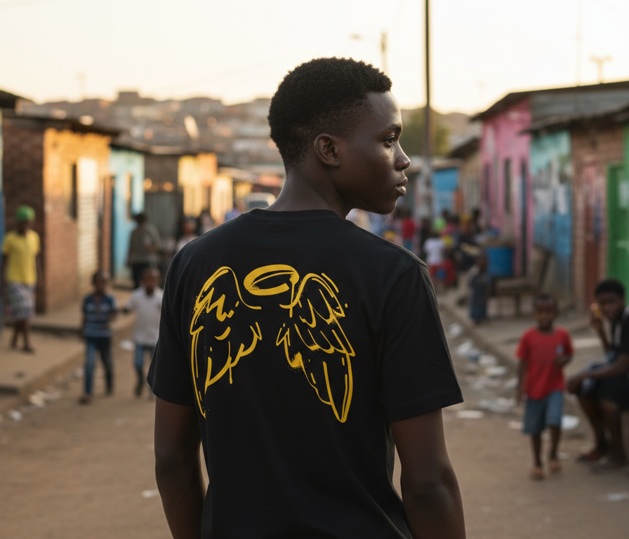 South African streetwear model wearing DeepRoots heritage graphic t-shirt in urban setting