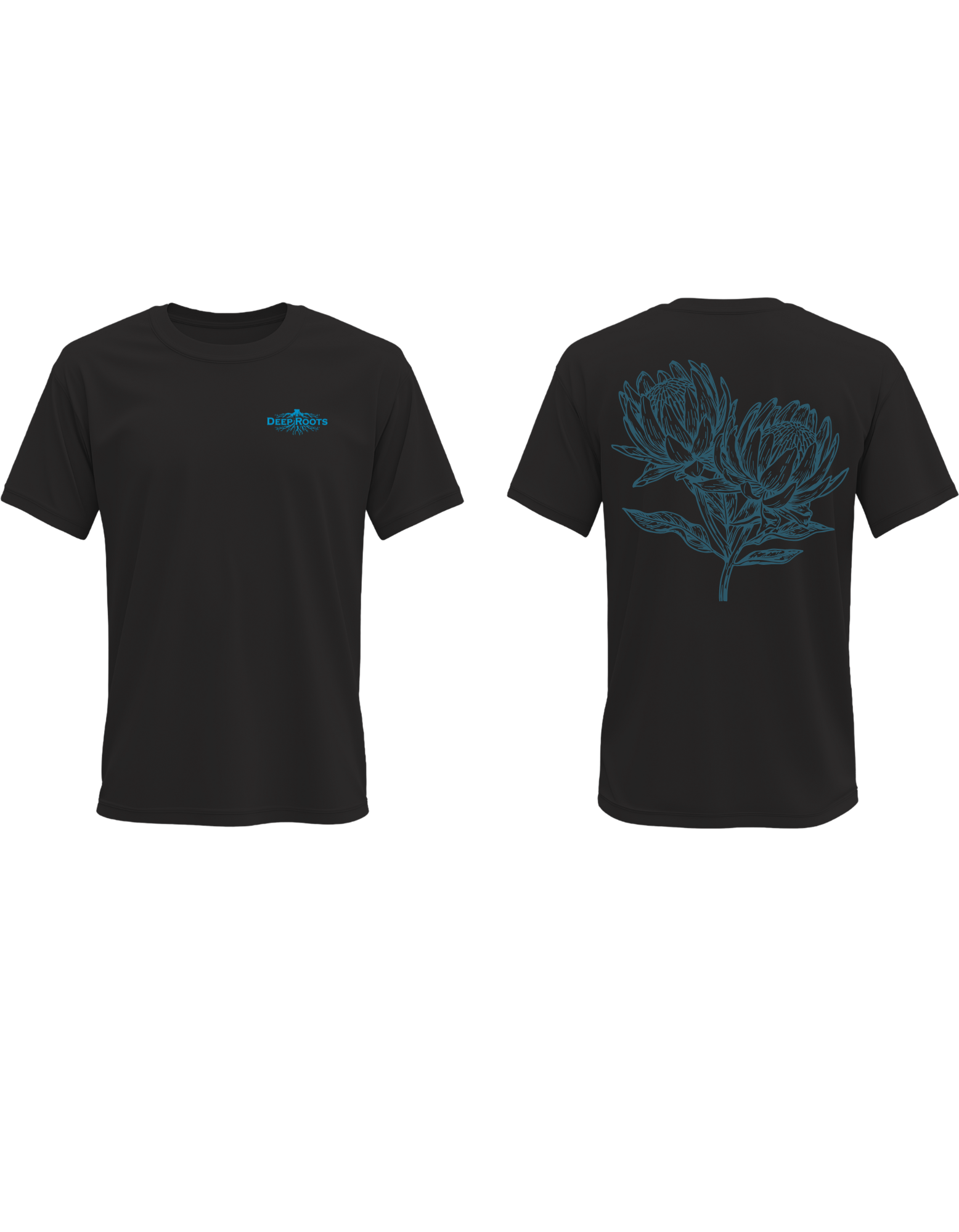 DeepRoots black t-shirt with Protea flower design - South African streetwear