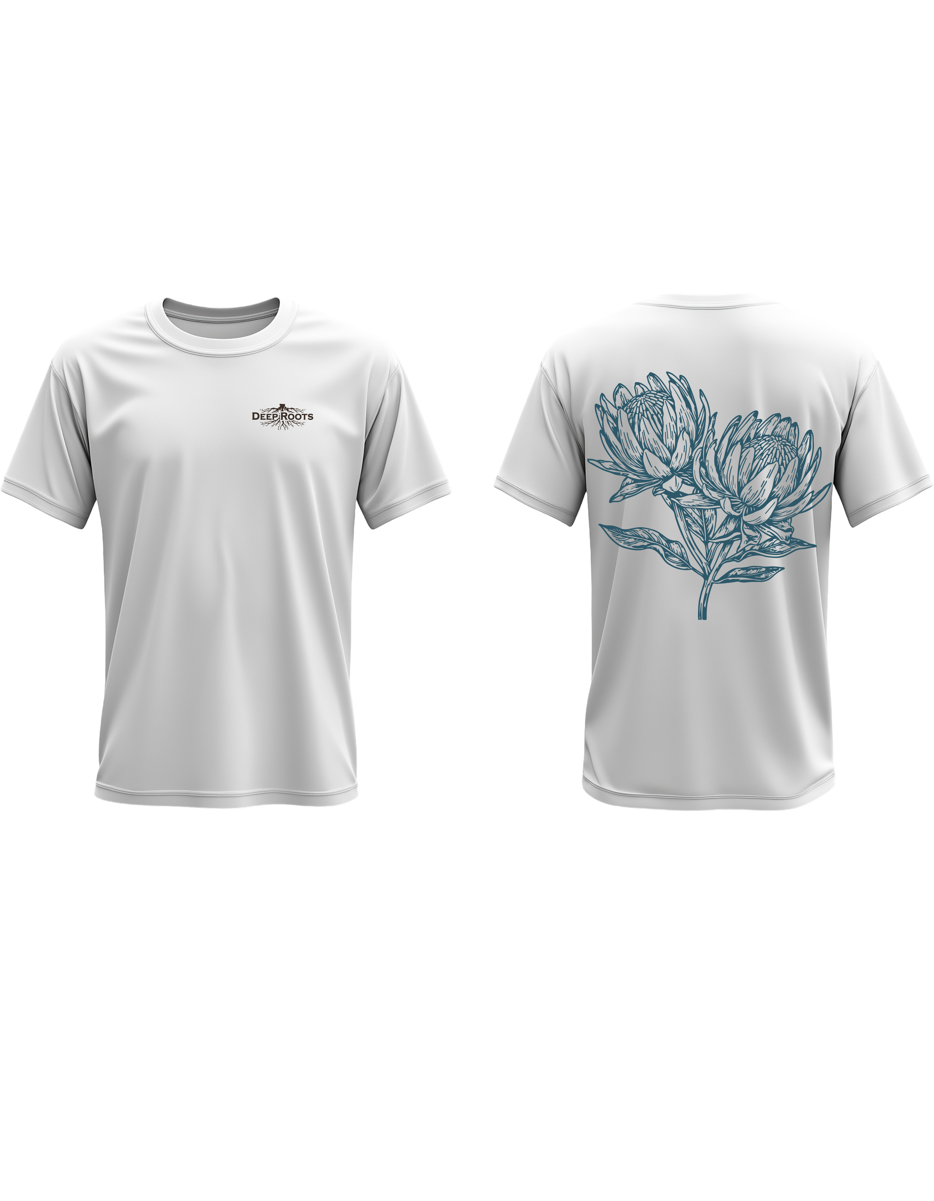 DeepRoots white t-shirt with Protea flower design - South African streetwear