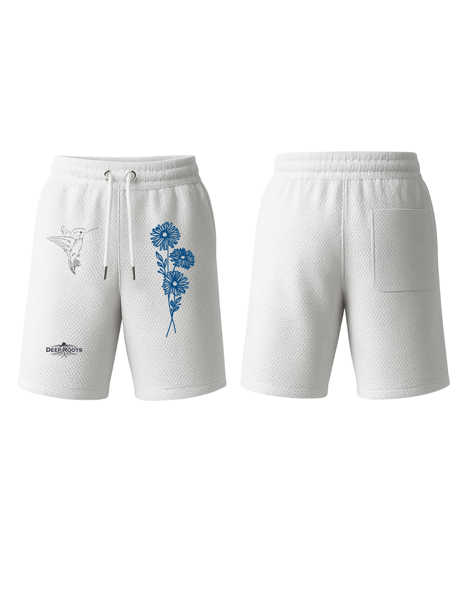 Men's Inked Garden Shorts - Blue floral and hummingbird print design front and back view
