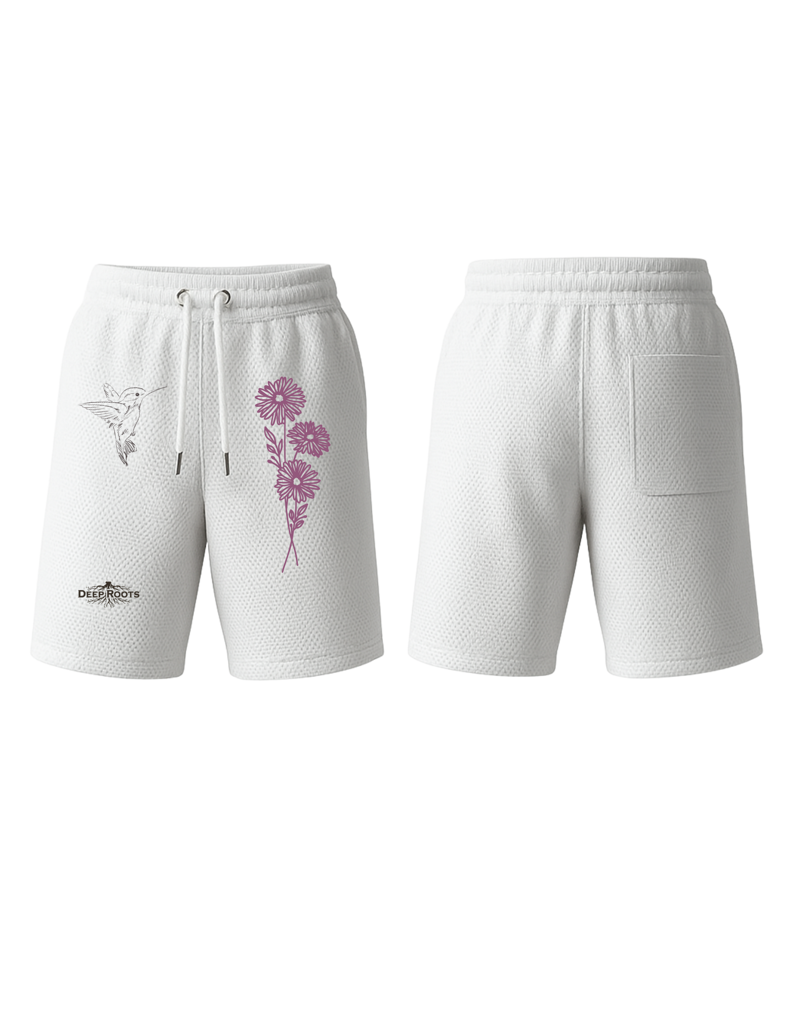 Women's Inked Garden Shorts - Pink floral and hummingbird print design front and back view

