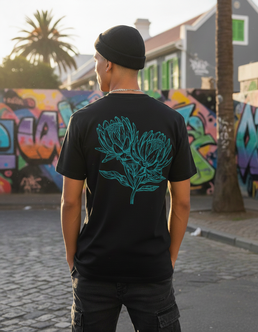 Back view of Black Protea Pride Tee showing turquoise Protea design