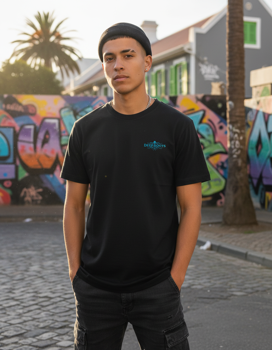 Model wearing Black Protea Pride Tee with DeepRoots logo in urban South Africa