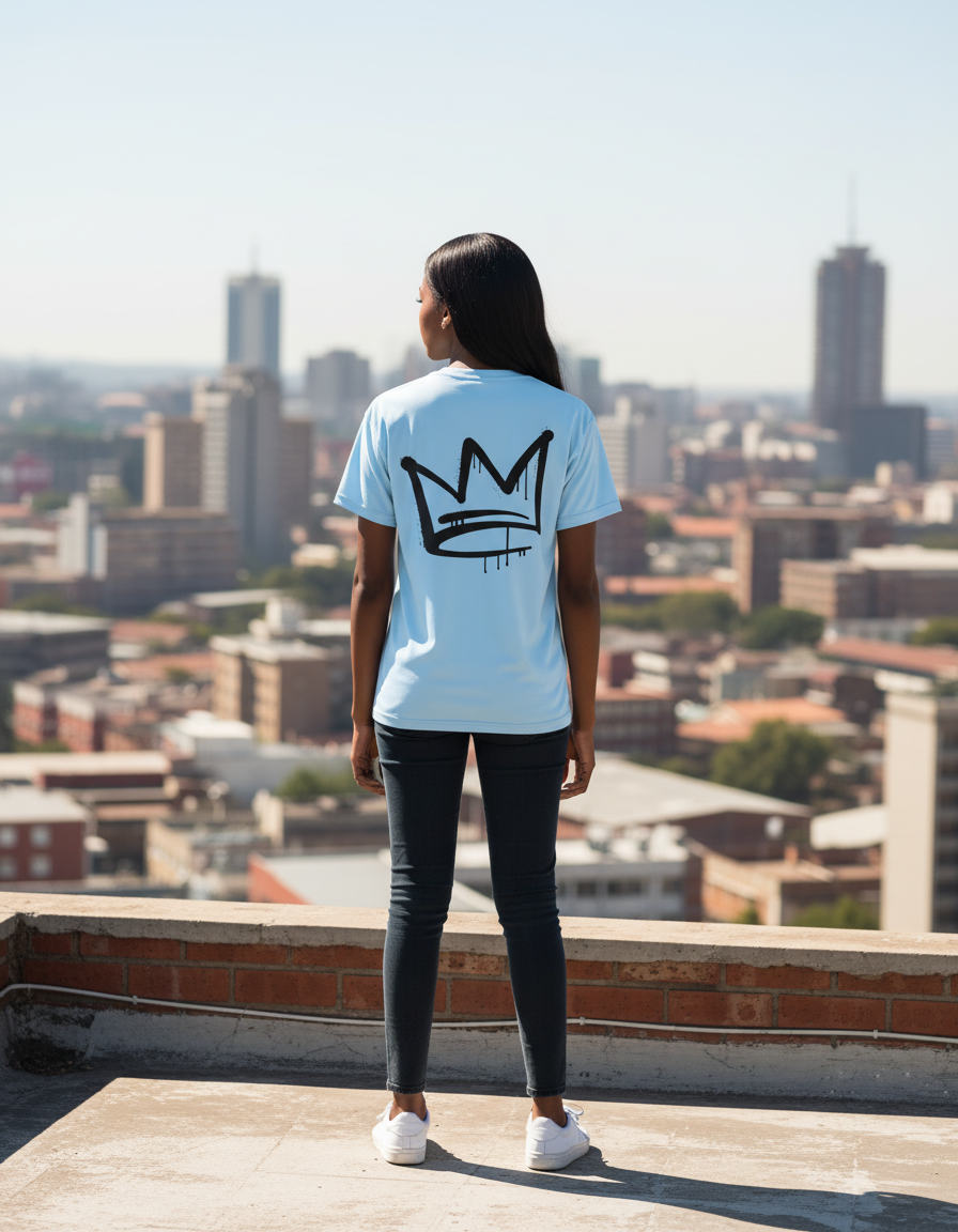 Woman wearing Crown Royalty Tee on Johannesburg rooftop showing crown design