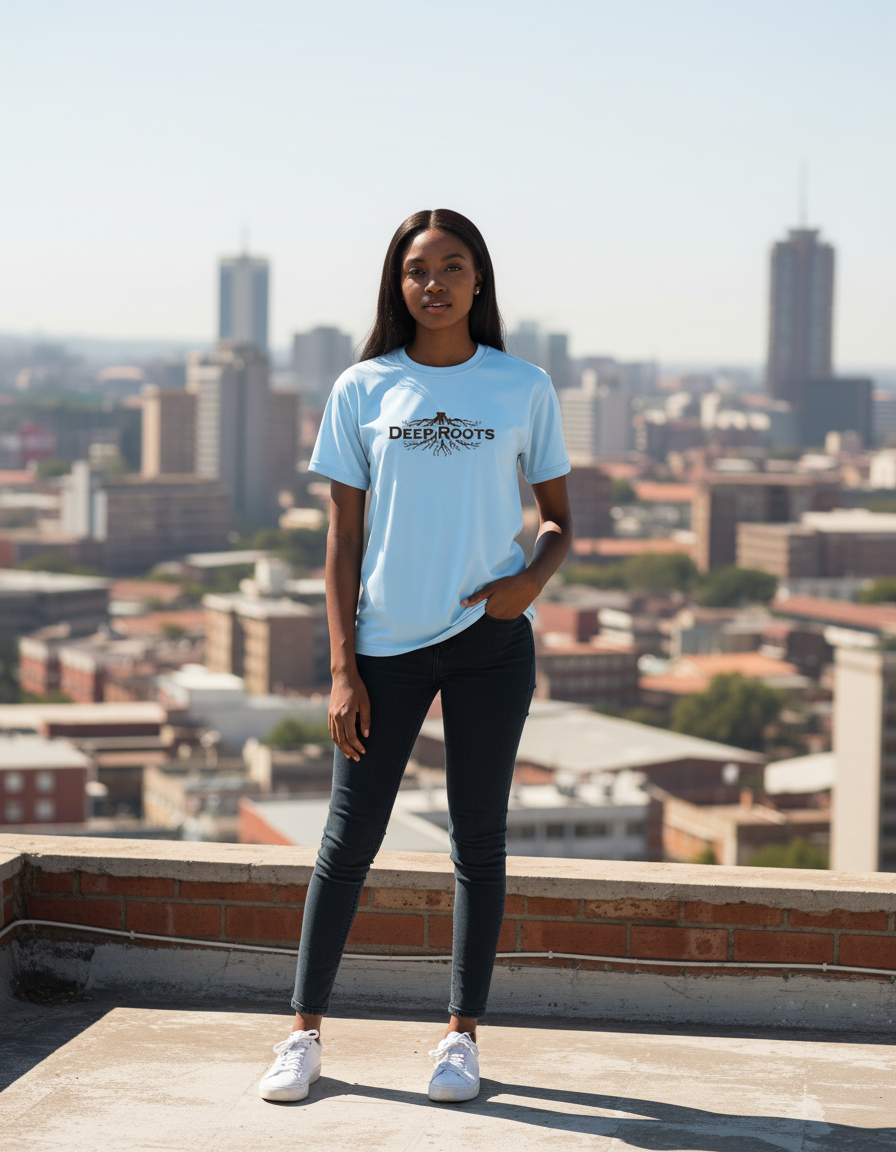 Front view of Crown Royalty Tee with DeepRoots logo and roots graphic