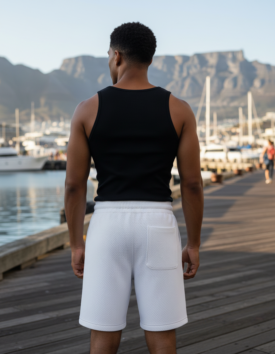 South African male model wearing white Inked Garden Shorts at Cape Town waterfront - back view showing plain white fabric
