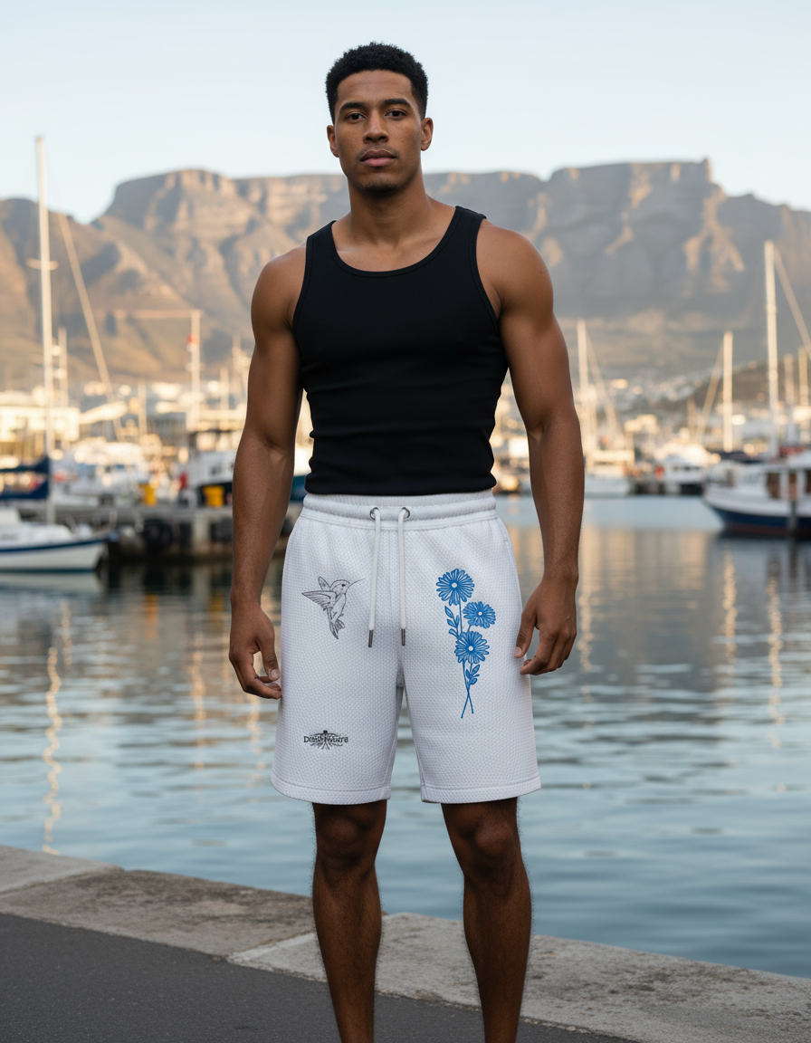 South African male model wearing white Inked Garden Shorts with blue floral print at Cape Town waterfront - front view
