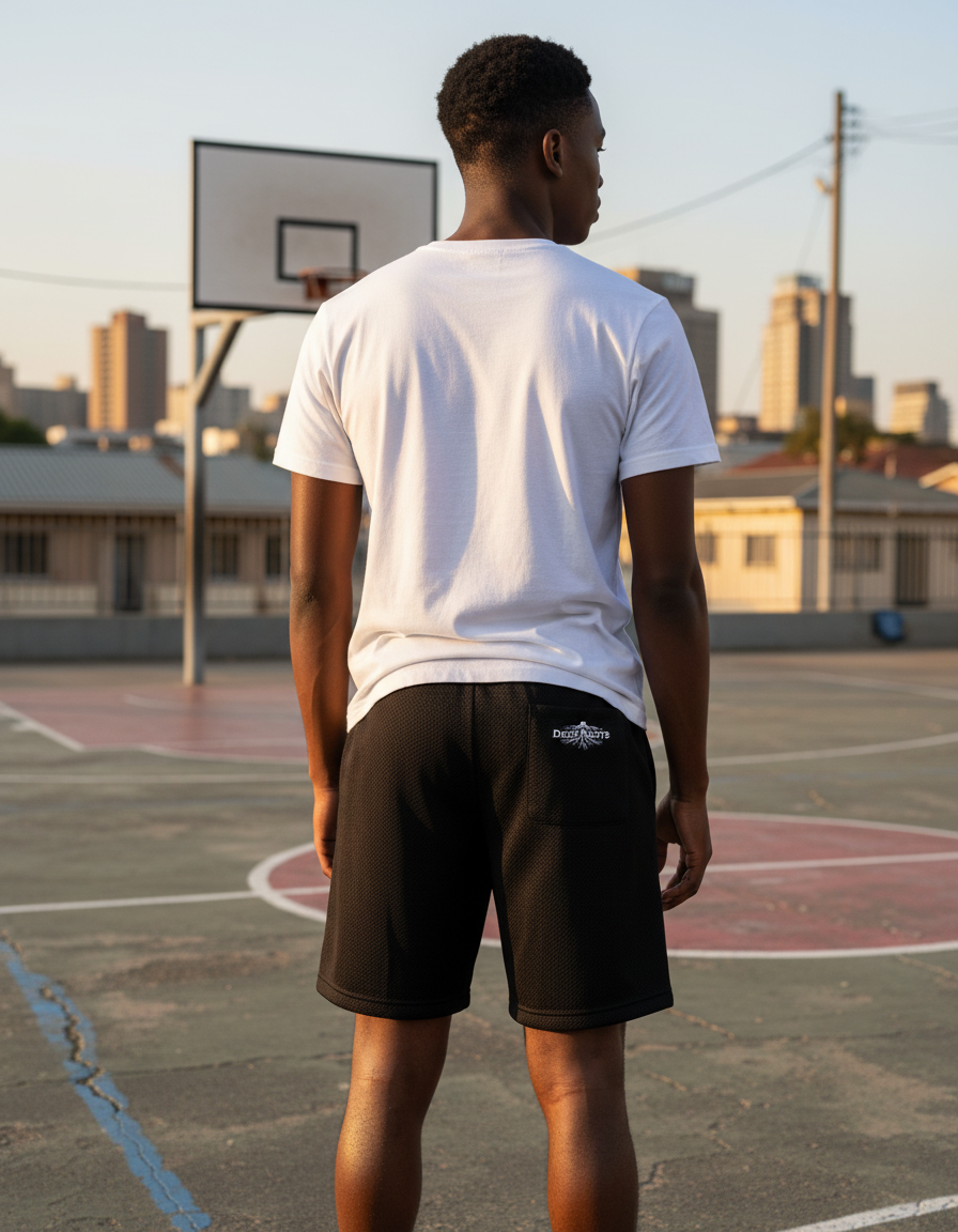 Back view of Urban Flow Shorts showing DeepRoots logo