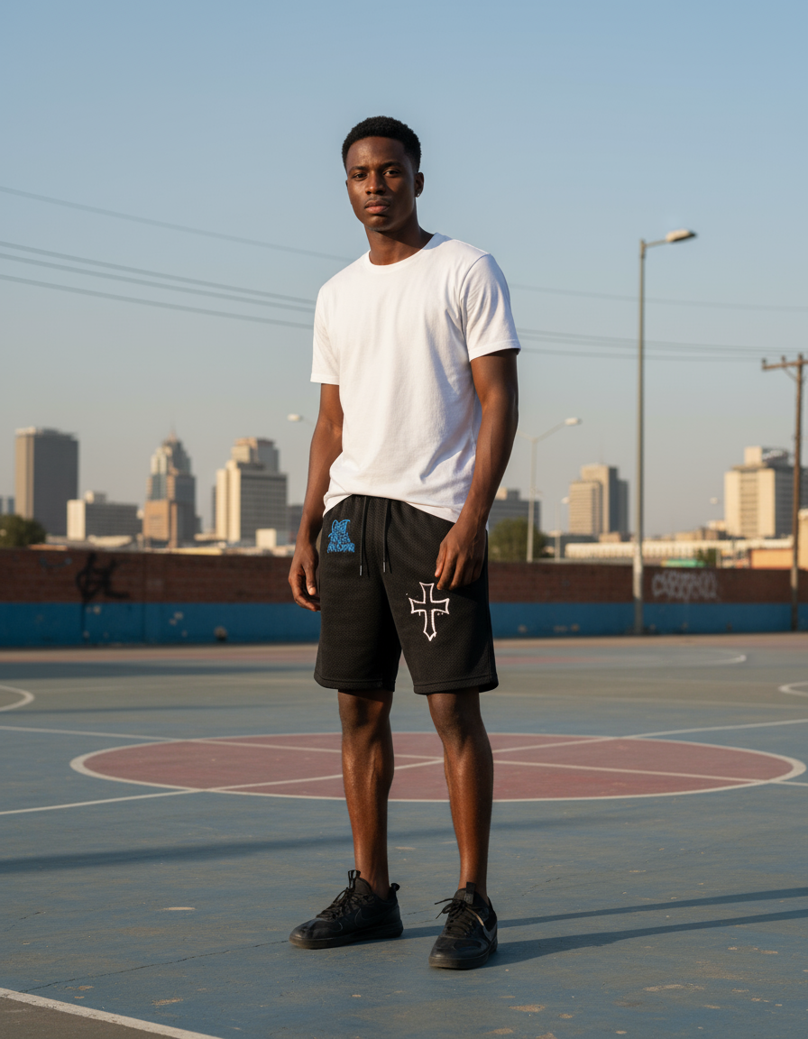 Man wearing Urban Flow Shorts at basketball court in South Africa