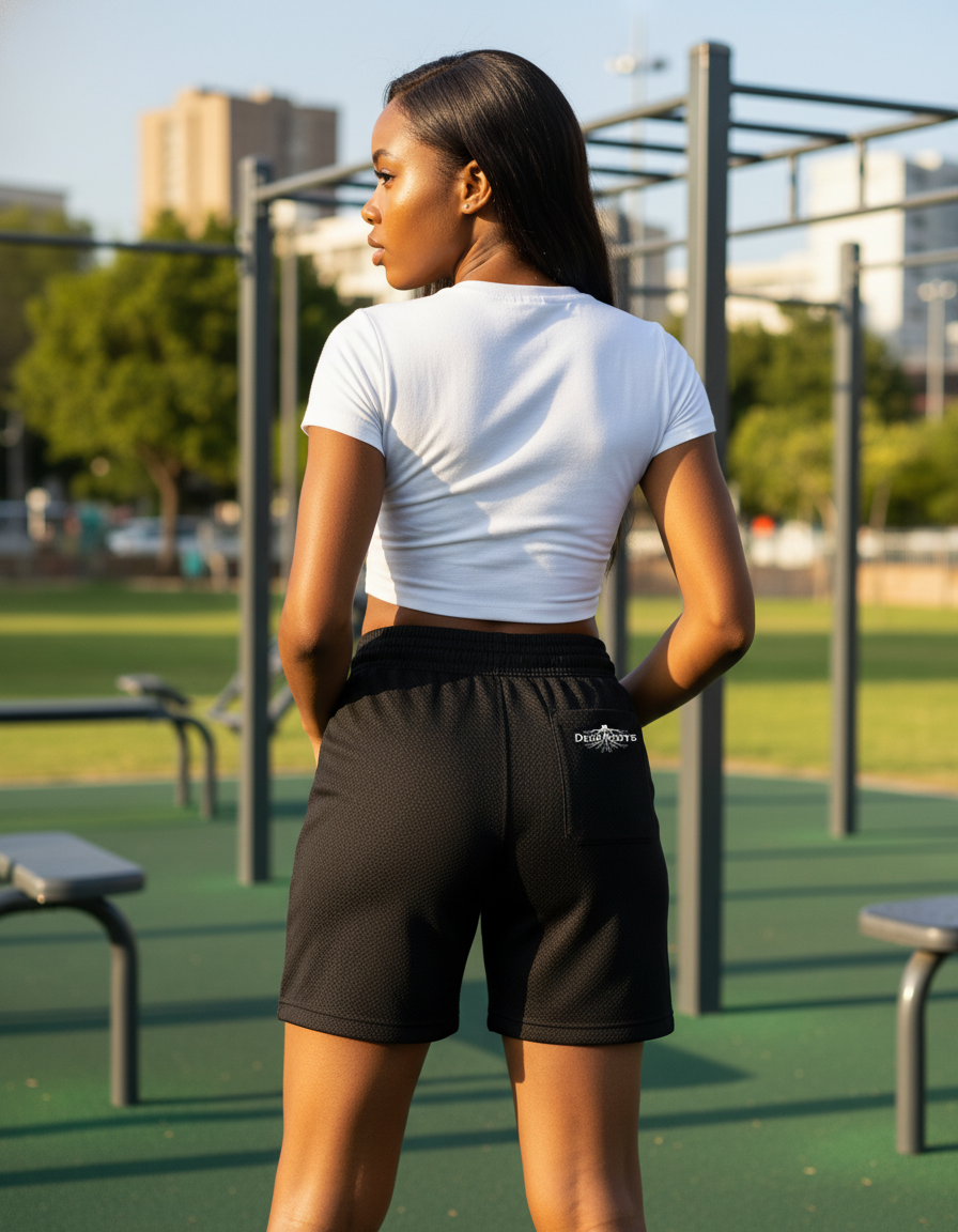 ack view of Urban Flow Shorts Women's showing DeepRoots logo