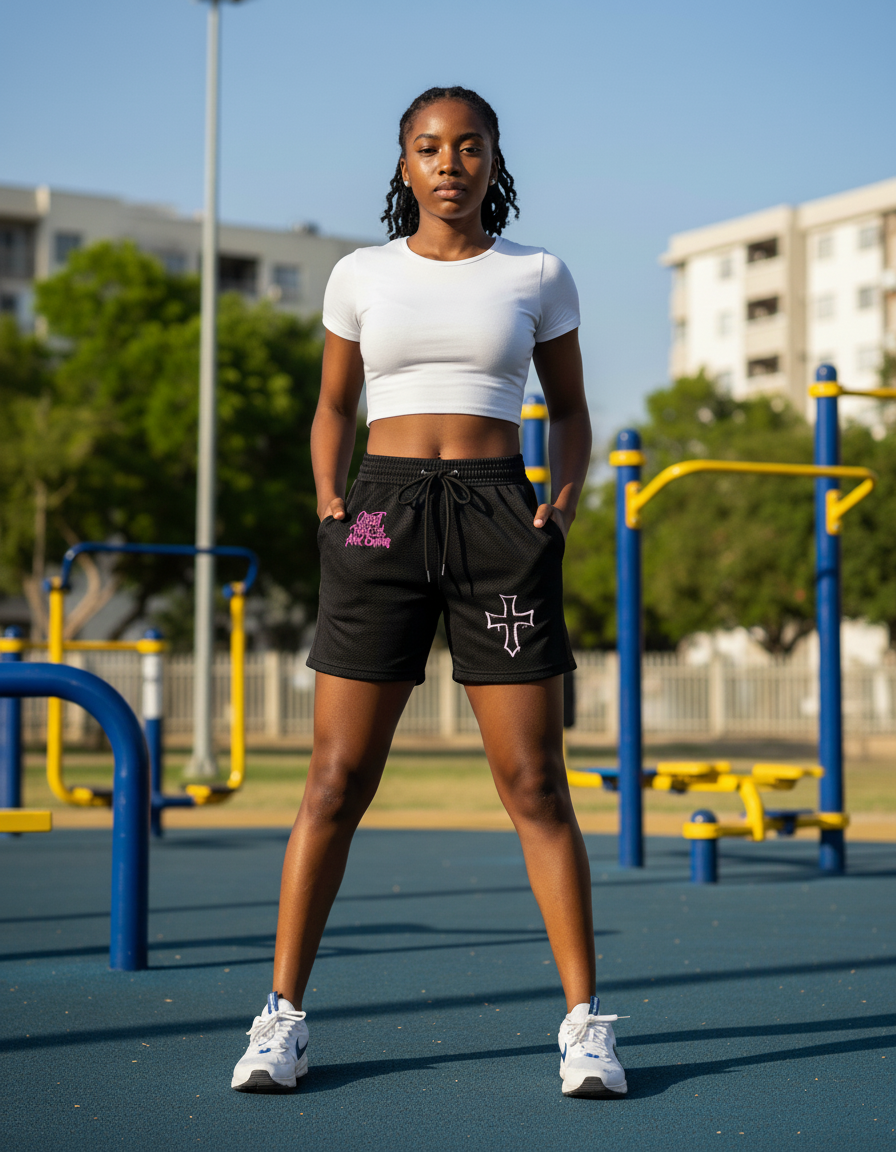 Woman wearing Urban Flow Shorts at outdoor fitness area in South Africa
