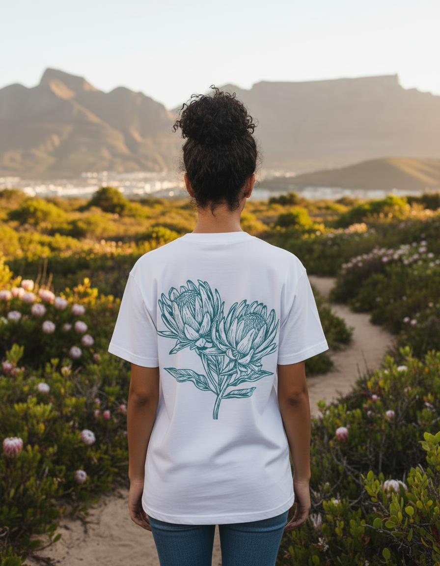 Woman wearing White Protea Pride Tee in Cape Town 