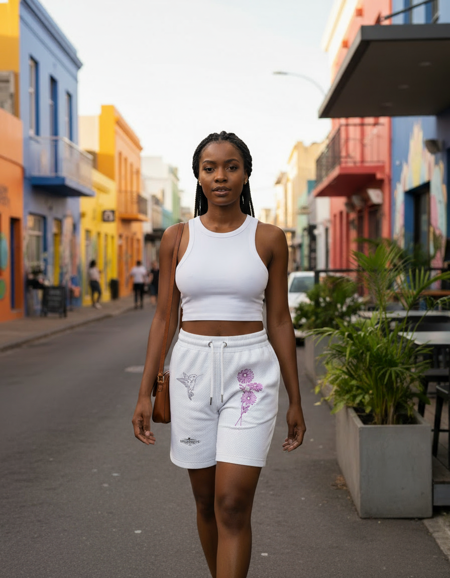 South African female model wearing white Inked Garden Shorts with pink floral print in urban Cape Town setting - front view
