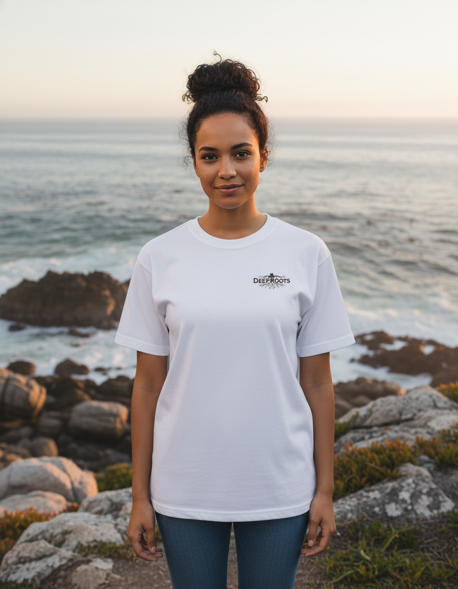 Front view of White Protea Pride Tee with DeepRoots logo