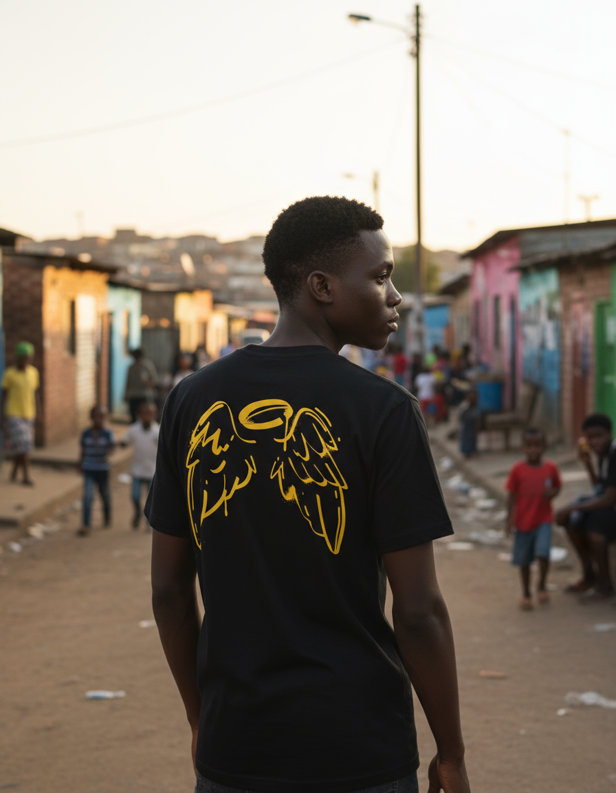 Man wearing Wings of Freedom Tee in South African township showing wings design