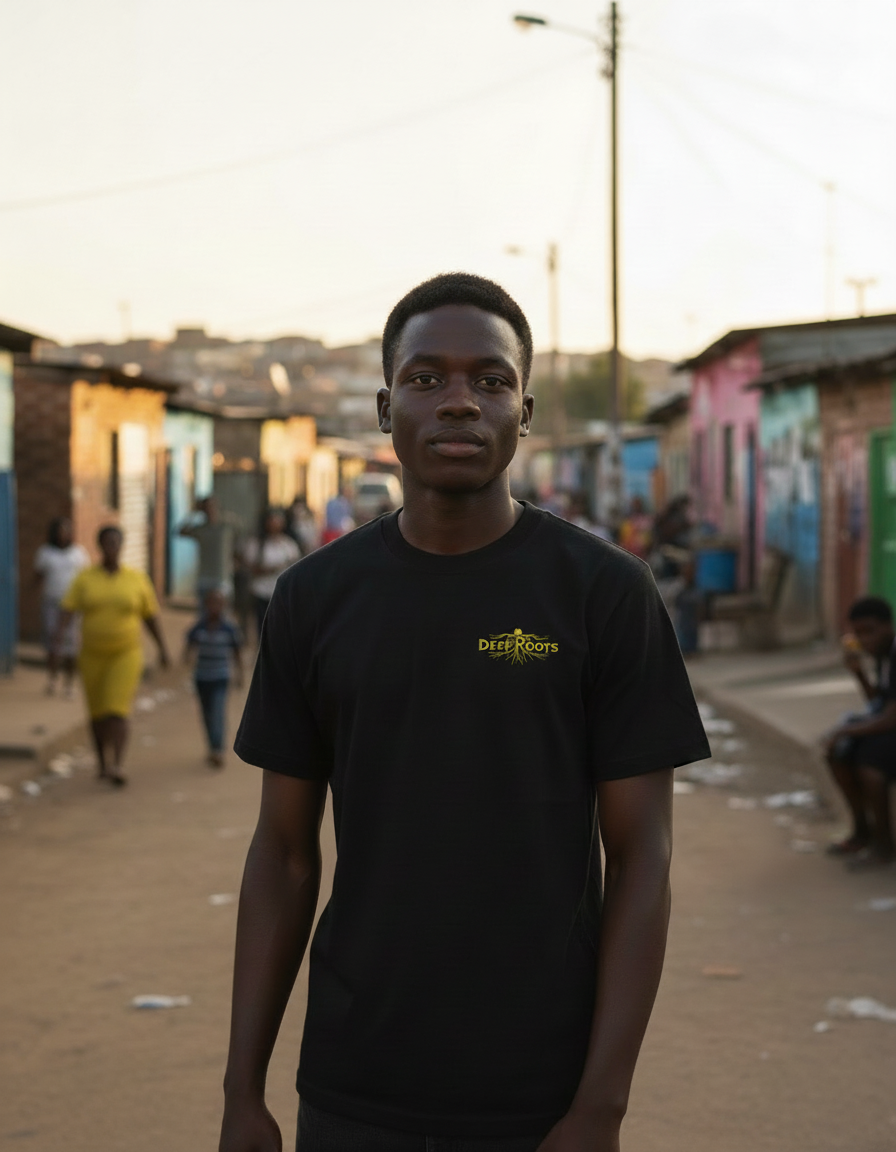 Front view of Wings of Freedom Tee with DeepRoots logo in township setting